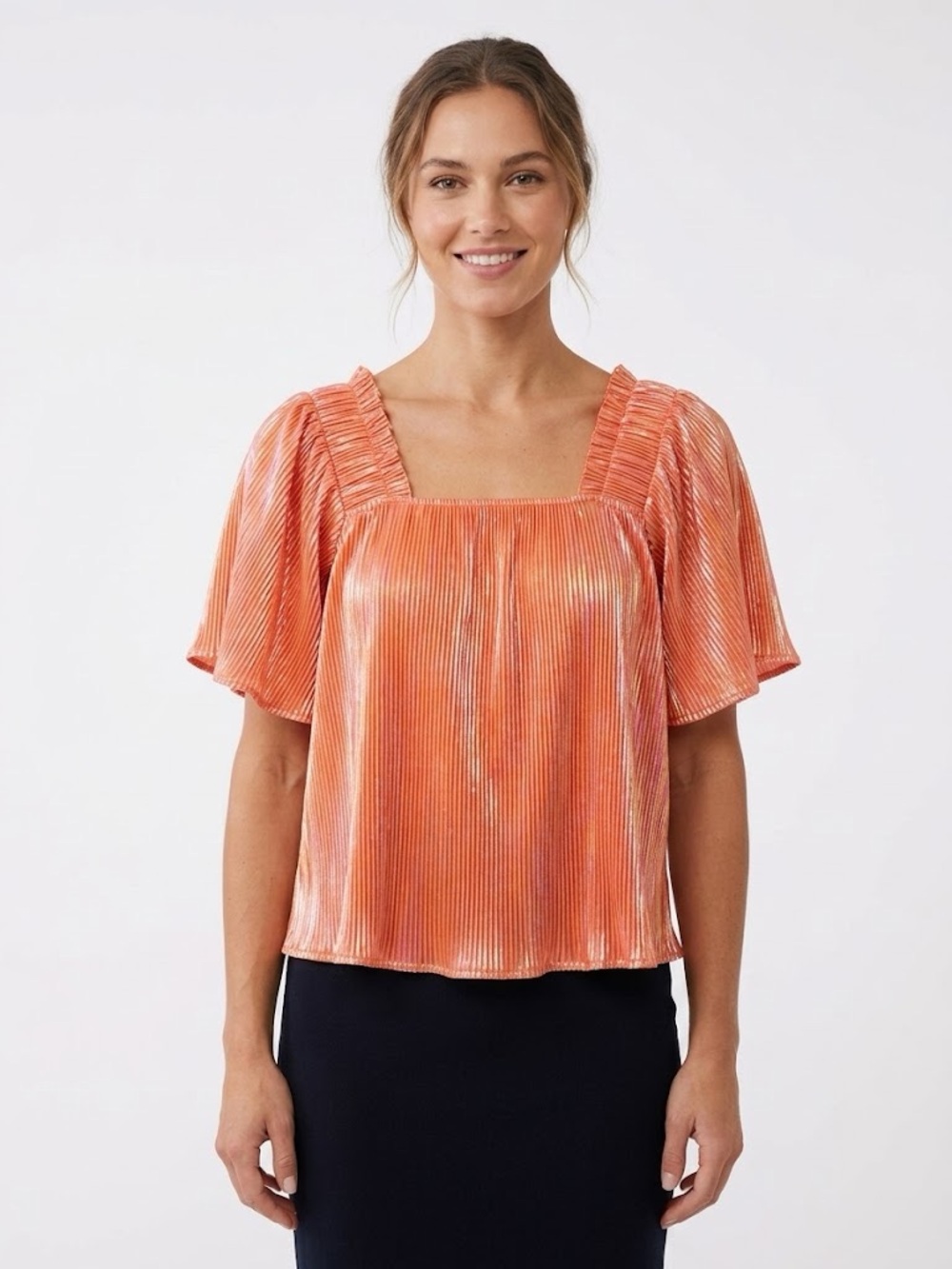 QUEEN OF SPARKLES Orange Metallic Pleated Flutter Sleeve Square Neck Top Small